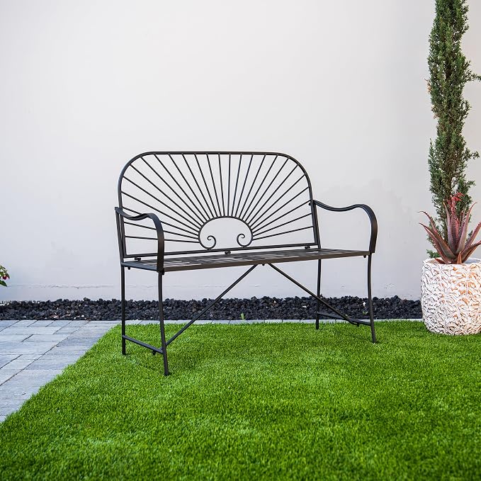 XBrand 44" L Iron Sun-Patterned Seat for Two, Patio & Porch Furniture for Park, Yard, Lawn, Balcony, Backyard – Black