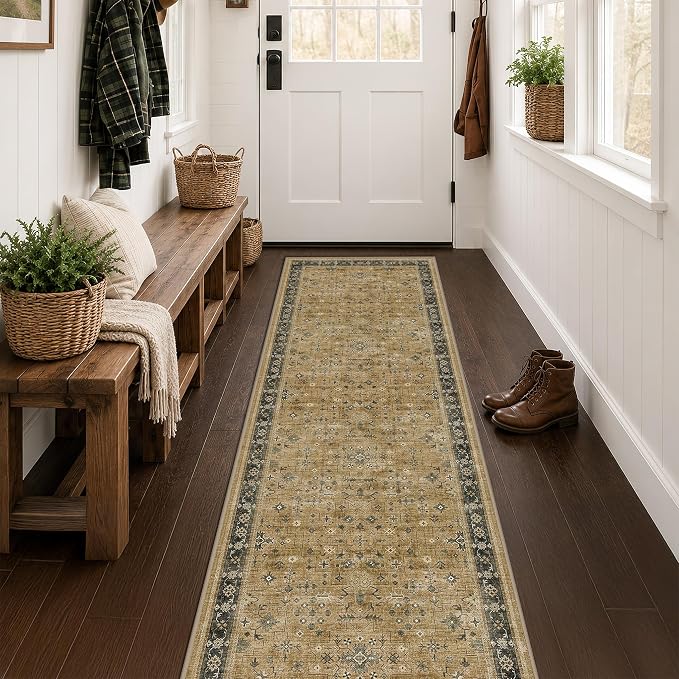 Boho 2x7 Runner Rug for Hallway, Washable Runner Rug for Kitchen, Non-Slip Low-Pile Washable Stain Resistant, Vintage Rustic Brown and Charcoal Olive Décor