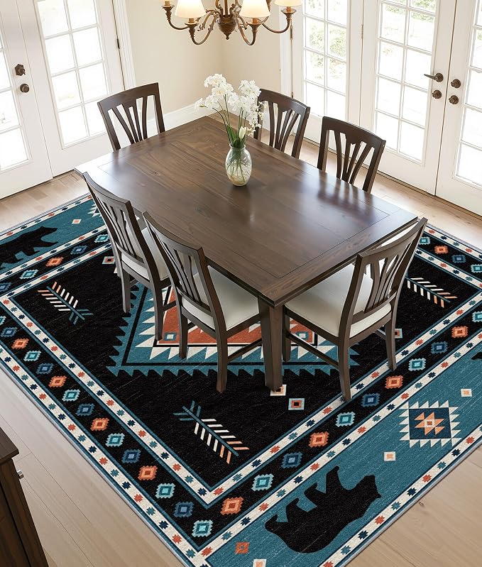 Native Amrican Rug 3x4 - Southwestern Bear Cabin Area Rugs for Bedroom Living Room, Rustic Navajo Machine Washable | Non-Slip | Soft Small Carpets, Southwest Room Decor (Teal Orange Black)
