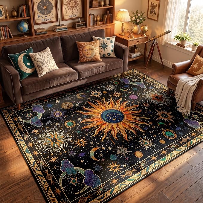 Vacuum-Friendly, 5x7 Washable Area Rug, Black Purple Gold | Sun and Moon Boho Gothic Non-Slip Low Pile Living Roon Bedroom Dining Room Kitchen Entry Entryway Entrance Hallway Doormat