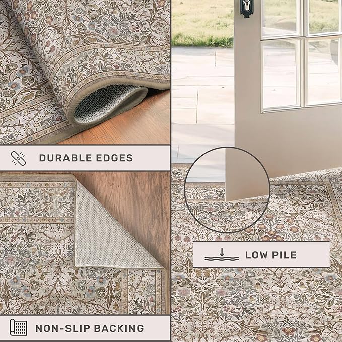 Moss 3x12 Extra Long Wide Runner Rug for Hallway, Non Slip Washable, 12 ft Large Kitchen Floor Rugs for Indoor Entrance, Low Pile Stain Resistant Vintage Floral Leaf Carpet