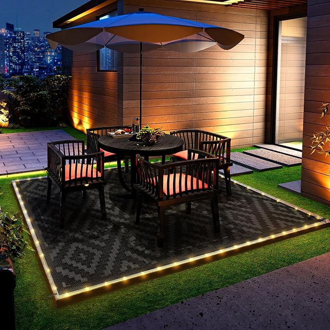 GENIMO Outdoor Rug with LED Strip Lights, 8'x10' Waterproof Camping Mat, Reversible Plastic Straw Rugs for Patio, RV, Camper, Balcony, Backyard, Picnic, Deck, Black & Gray