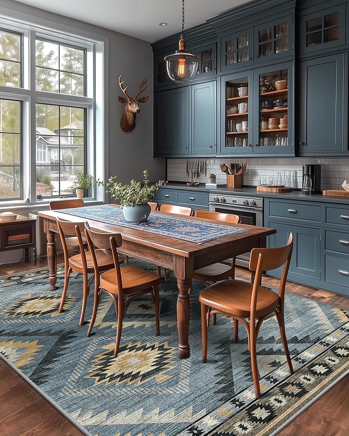 5'x7' Washable Area Rug for Living Room Bedroom Navy/Grey | Soft Western No Slip Low Pile Print Foldable Indoor for Kitchen Dining Room