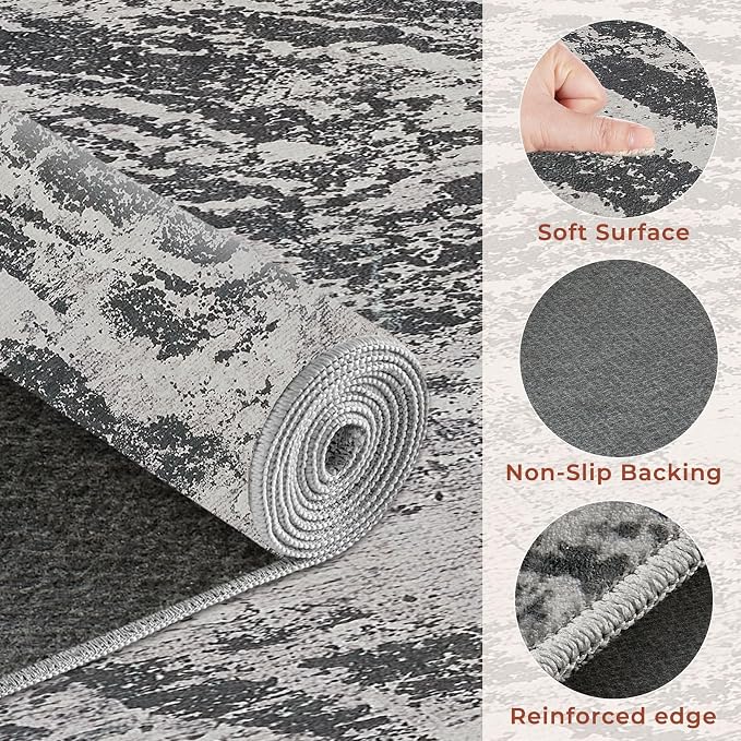DMOYEST 6ft Round Area Rug for Living Room Washable Non Slip Circle Rug | 6x6 Neutral Modern Abstract Low Pile Rugs Kid & Pet Friendly Soft Carpet for Bedroom and Dining Room - Light Black