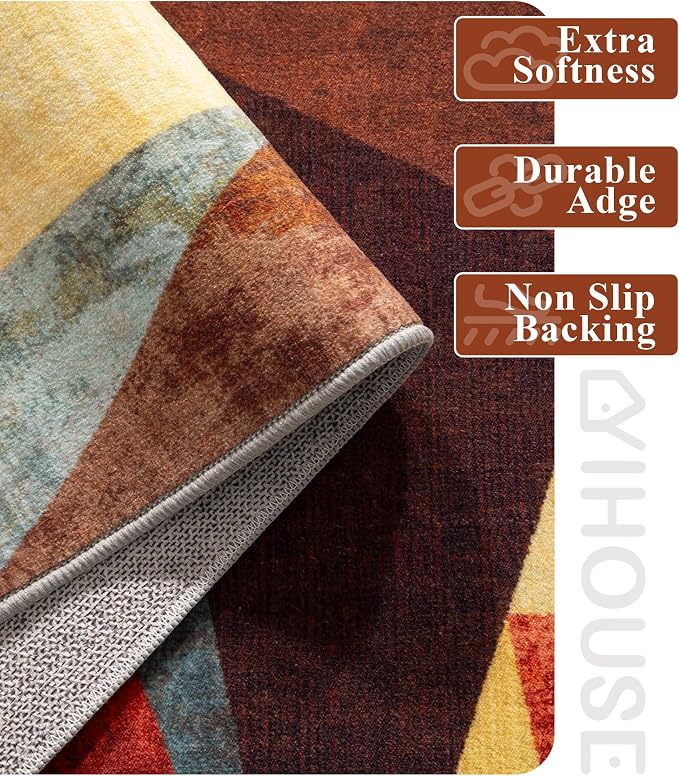 Brown Area Rug 8x10,Geometric Burnt Orange Area Rug Non Slip,Farmhouse Rugs Washable,Vintage Burgundy Carpets for Bedroom, Boho Rug for Kitchen,Dining Room