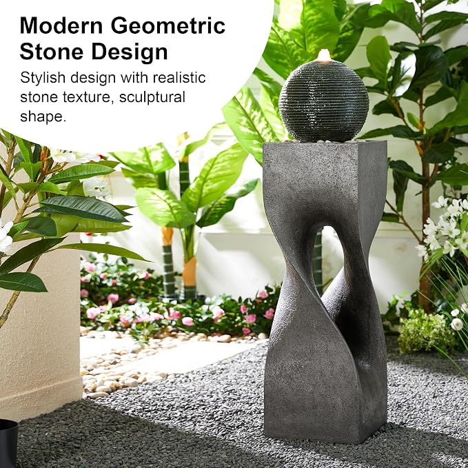 Glitzhome Modern Water Fountain Outdoor with LED Light, Oversized Geometric Outdoor Fountains and Waterfalls, Sphere Rock Fountain with Pebbles for Garden Backyard Patio, 40.5”H
