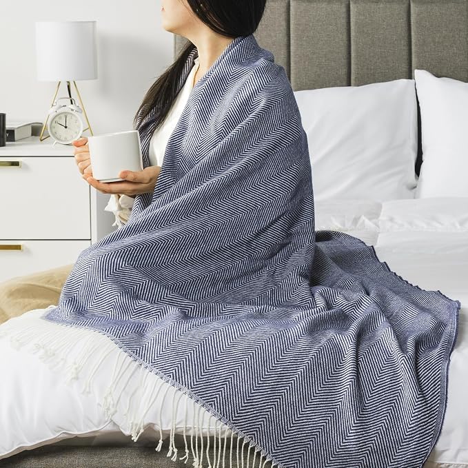 PAVILIA Navy Blue Herringbone Throw Blanket for Couch Bed, Decorative Outdoor Throw Blanket, Faux Cashmere Blanket Throw, Lightweight Accent Sofa Blanket Throw, 50x60