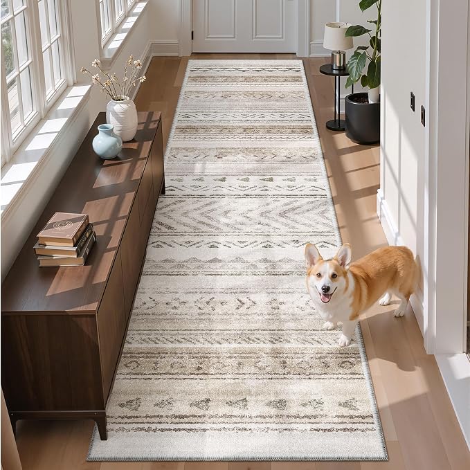 Art&Tuft 2x12 Runner Rug Non Slip, Washable Rug Runners for Hallways,Brown | Low Pile, Moroccan Soft & Lighweight, Folable, Stain Resistant 12ft Carpet Runners for Entryway,Kitchen,Living Room,Bedroom