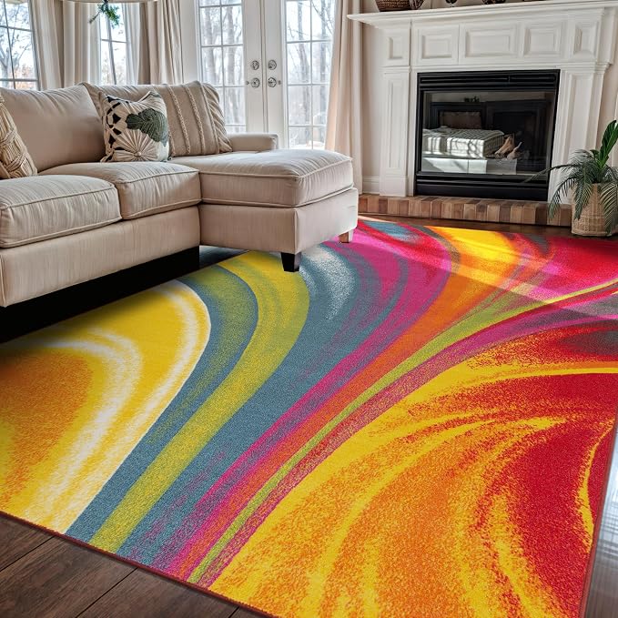 Rugshop Waves Non-Slip Contemporary Abstract Large Area Rug Multi 6'6" x 9' | Rectangular, Size 6'6" x 9', Living Room, Bedroom, Dining Room, Home Office, Kitchen, Entryway, Hallway, Nursery, Kids Room