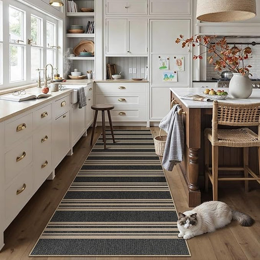 PureCozy Striped Easy Jute 2x8 Kitchen Runner Rug Black Washable Carpet for Hallway Non Slip Farmhouse Neutral Non Shedding Indoor Outdoor 2'6"x8 Long Rug Bathroom Bedroom Laundry Entryway