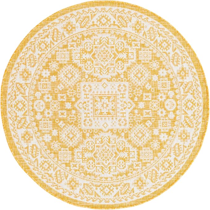 Unique Loom Outdoor Aztec Collection Area Rug - Chalca (4' 1" Round, Yellow/ Ivory)