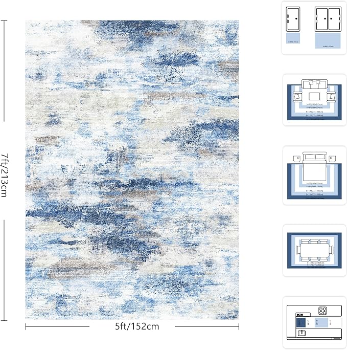 5x7 Area Rugs, Abstract Morden Soft Washable Rug, Non-Slip Low Pile Rugs for Living Room, Bedroom, Dining Room, Home, Office(Rust Blue/Brown)