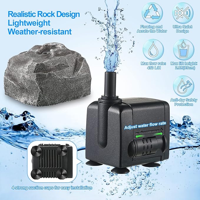 Saillong Bird Bath Water Fountain with Electric Pump, Granite Air Pump Rock for Bird, Rock Waterfall Fountain, Feeder, Aquariums, Fish Tank(Gray)