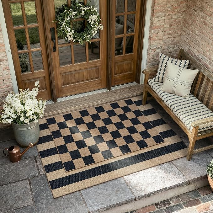 Lahome Colette Checkered Easy Jute 2x3 Rug, Small Entryway Rug Non Slip Kitchen Front Door Mat, Farmhouse Neutral Area Rug Non Shedding Low Pile Floor Carpet for Foyer Porch Doorway