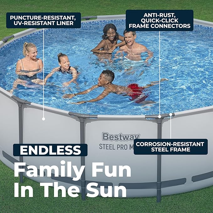 Bestway Steel Pro MAX 15' x 48" Above Ground Swimming Pool Set with Pump | Durable Round Metal Frame Outdoor Backyard Pool, Puncture-Resistant Liner - Ladder and Cover Included, Gray