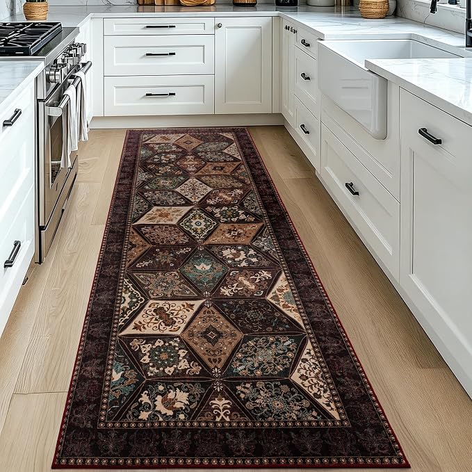Moroccan Vintage Distressed Boho Geometric Brown 2.7x8 Runner Rug | Patchwork Washable Non Slip Throw Floor Long Carpet Runner for Hallway Entryway Kitchen Bathroom Bedroom Livingroom Rug