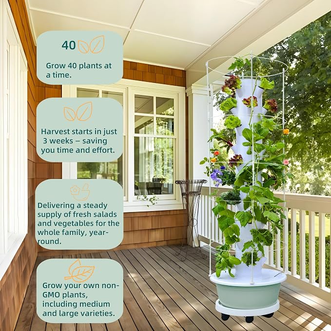 Hydroponic Growing System Kit, 40-Pod Vertical Garden Tower | with Trellis