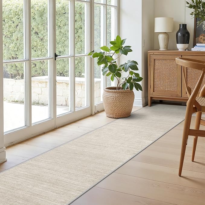 Valenrug 2x12 Runner Rug Non Slip, Washable Rug Runners for Hallways, Beige | Soft Low Pile, Thin & Lighweight Carpet, Folable Stain Resistant Modern Indoor 12ft Floor Mat for Living Room,Bedroom,Kitchen