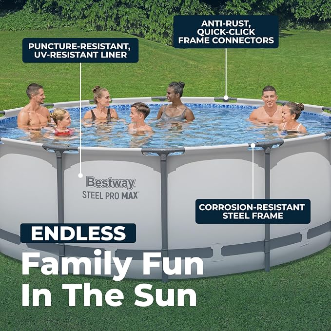 Bestway Steel Pro MAX 14' x 48" Above Ground Pool, Round Metal Frame Outdoor Swimming Pool Set with Filter Pump, Ladder, and Cover, Gray