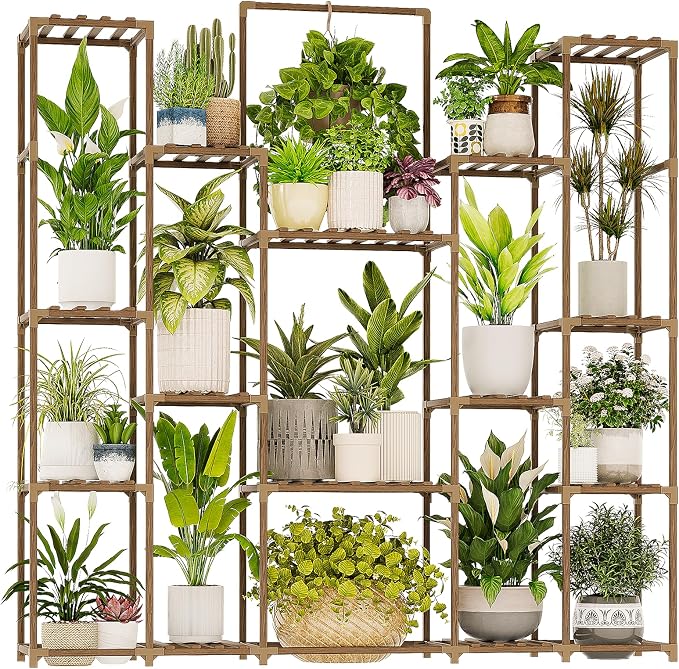 Bamworld Plant Shelf Indoor Hanging Plant Stand Outdoor Large Plant Shelves Tall Flower Holder wooden plant stand for Multiple Plants Plant Rack for Living Room Balcony Decor Garden Clearance Deals 17 Pots Plant Table