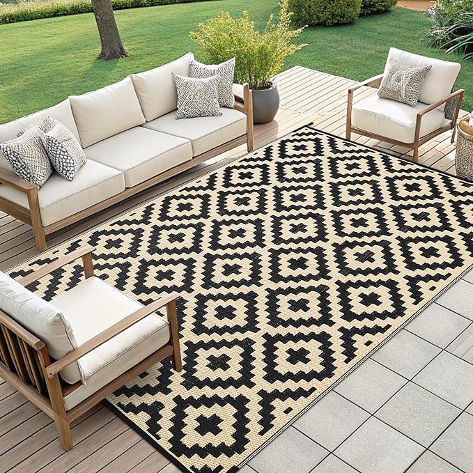 Smiry Waterproof Outdoor Rug 9x12 ft, Reversible Plastic Straw Patio Camping Rugs, Outdoor Indoor RV Mat Carpet for Patio, Outside Entry, Backyard, Deck, Bench, Picnic, Camper, Black & Beige