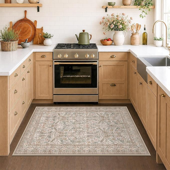 Moss Green Washable 3x5 Rug, Small Area Rug for Entryway Bedroom Bathroom Kitchen, Vintage Floral Non Slip Soft Door Mat, Low Pile Stain Resistant Carpet
