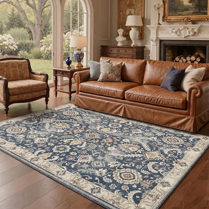 2x3 Doormat, Vintage Floral Washable Non Slip Area Rug for Entrance | Persian Floral Soft Low Pile Boho Small Rug for Entryway Bedside Kitchen, Stain Resistant Lightweight Easy Care, Muted Navy