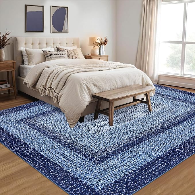 RUGSREAL 8x10 Washable Area Rug for Living Room with Rubber Backing | Stain Resistant Large Bedroom Throw Carpet Modern Geometric Floor Cover Modern Border Rug for Home Decor Office, Navy