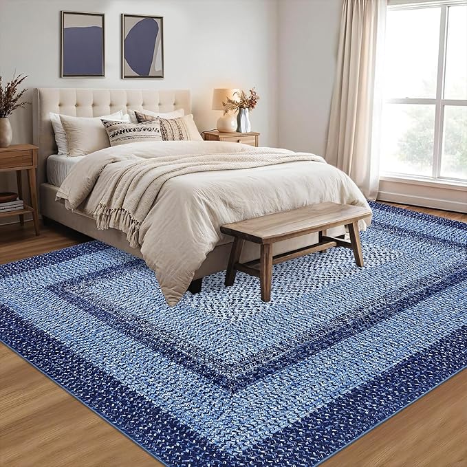 RUGSREAL Washable Rug 5x7 Modern Geometric Living Room Bedroom Rugs | Throw Floor Cover Braided Print Dining Room Rugs Non Slip Farmhouse Rustic Carpet for Nursery Kitchen Dining Room, Navy