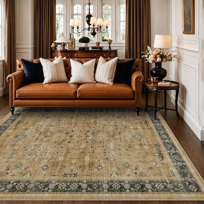 Traditional Washable 6x8 Area Rug for Living Room, Vintage Boho Dining Room Rugs for Under Table, Lightweight Foldable Low Pile Soft Carpet, Rustic Brown and Charcoal Olive Floral Design