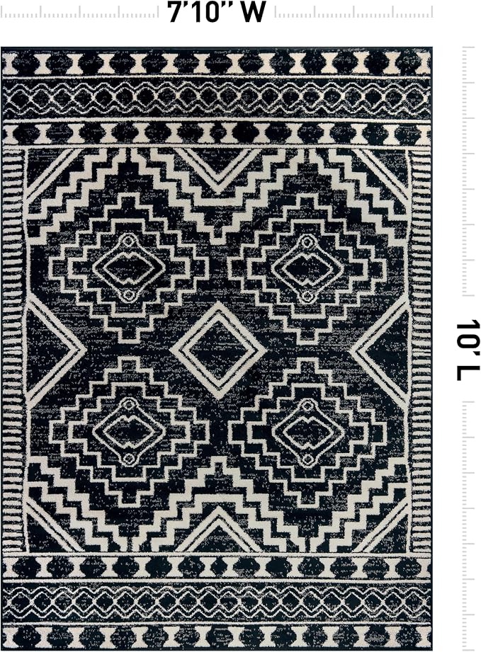 Rugshop Southwestern Geometric Tribal Boho Area Rug Soft Black 7' 10" x 10' | Rectangular, Size 7' 10" x 10', Living Room, Bedroom, Dining Room, Home Office, Kitchen, Entryway, Hallway, Nursery, Bedside