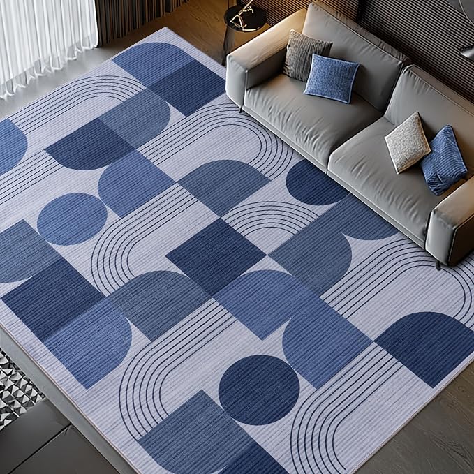Soft Modern Geometric Abstract Large Machine Washable 8x10 Area Rug | Blue Rugs for Bedroom Living Room, Non-Shedding Faux Wool Indoor Throw Floor Carpet for Office Entryway Dining Room Decor