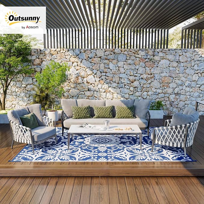 Outsunny Reversible Outdoor Rug Carpet, 9' x 12' Waterproof Plastic Straw Rug, Portable RV Camping Rugs with Carry Bag, Large Floor Mat for Backyard, Deck, Picnic, Beach, Blue & White Floral