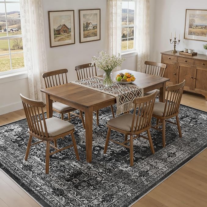 UERMEI 9x12 Area Rug Living Room Rugs - Washable Vintage Soft Large Rug Indoor Floor No Slip Rug Carpet for Bedroom Farmhouse Under Dining Table Home Office Decor - Black