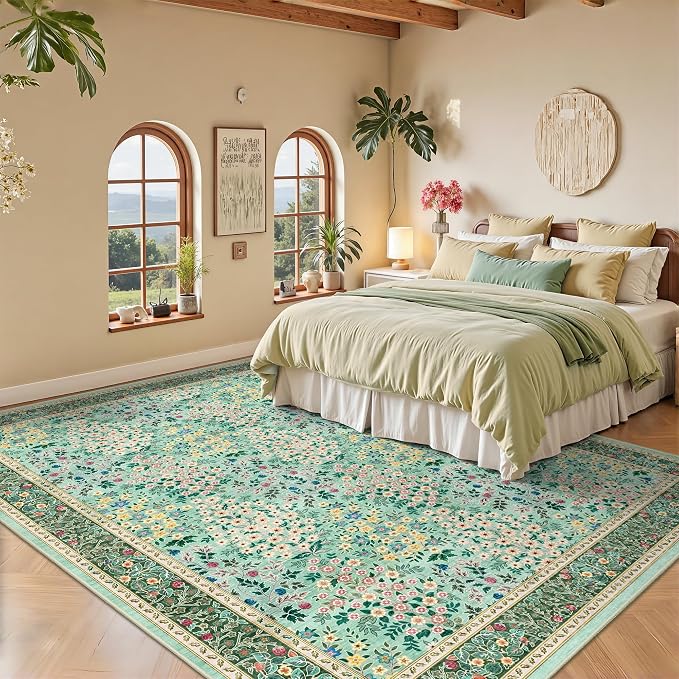 5x7 Area Rugs, Vintage Washable Rug for Bedroom, Indoor Non-Slip Rugs for Living Room, Dining Room, Low Pile Home Decor Floral Rug(Green Floral)