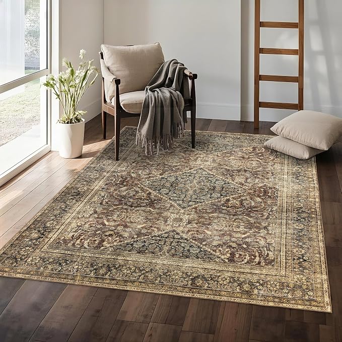 Washable 6x9 Area Rug: Vintage Brown Rugs for Living Room Bedroom Dining Room Office Indoor - Soft Non-Slip Large Carpet Home Decor - Oriental Dark Brown