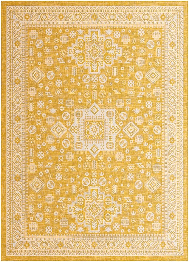 Unique Loom Outdoor Aztec Collection Area Rug - Chalca (10' x 13' 1" Rectangle, Yellow/ Ivory)