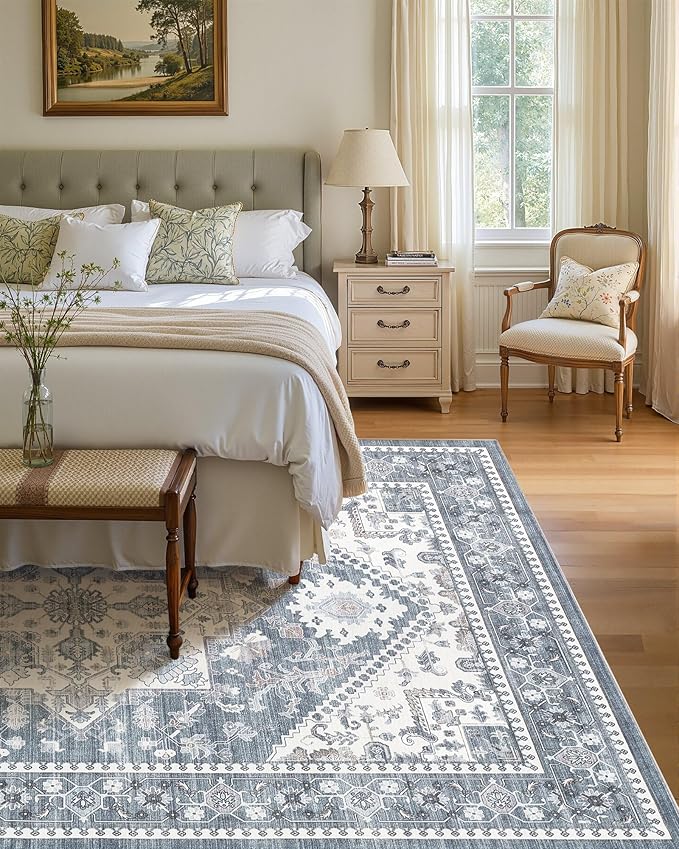 Washable Area Rug-9X12 Vintage Neutral Soft Blue | Non Slip Thin Foldable Large Floor Carpet for Living Room Bedroom Kitchen Dining Room Home Office Farmhouse Indoor