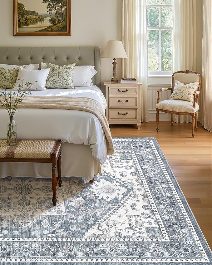 Washable Area Rug-5X7 Vintage Neutral Soft Blue | Non Slip Thin Foldable Large Floor Carpet for Living Room Bedroom Kitchen Dining Room Home Office Farmhouse Indoor
