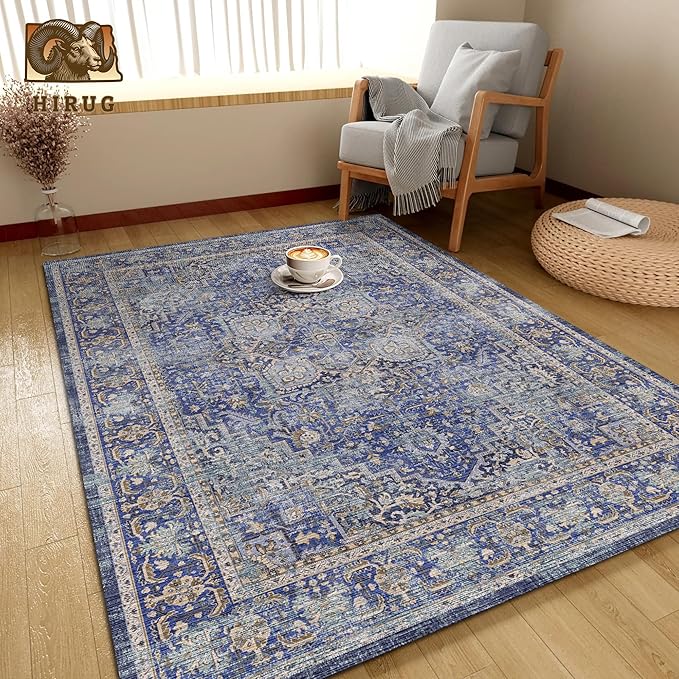 Washable Area Rug 6' x 9' Vintage Traditional Persian Mat - Foldable Distressed Non-Slip Machine Washable Carpet for Living Room Bedroom Kitchen Home Decor - Indigo and Gold
