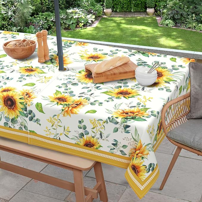 Outdoor Tablecloth with Umbrella Hole and Zipper, Rectangle Patio Table Covers for Spring/Summer, Machine Washable Outdoor Picnic Table Cloth (Sunflower, 60" × 102" Rectangular)
