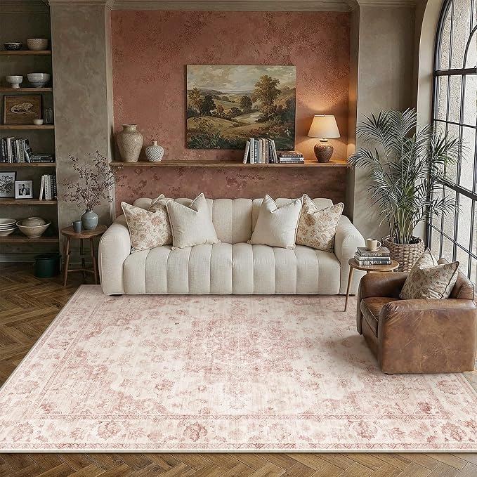 6x9 Pink Neutral Area Rug | Washable, Non Slip, Soft Low Pile, Vintage Farmhouse, for Living Room Bedroom Dining Room Office Indoor Home Decor