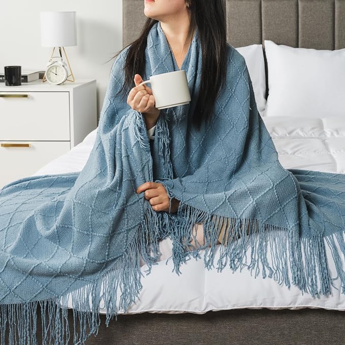 PAVILIA Dusty Blue Knit Throw Blanket for Couch, Twin Bed, Soft Knitted Farmhouse Sofa Throw for Living Room, Lightweight Decorative Summer Blanket for Chair, Outdoor Textured Boho Blanket, 60x80