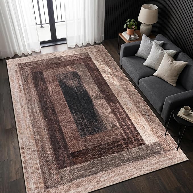 Neutral Geometric Brown 4x6 ft Large Rug for Living Room Bedroom | Contemporary Modern Area Rugs Vintage Non-Slip Soft Faux Wool Low Pile Indoor Carpet for Dining Room Office Home Decor