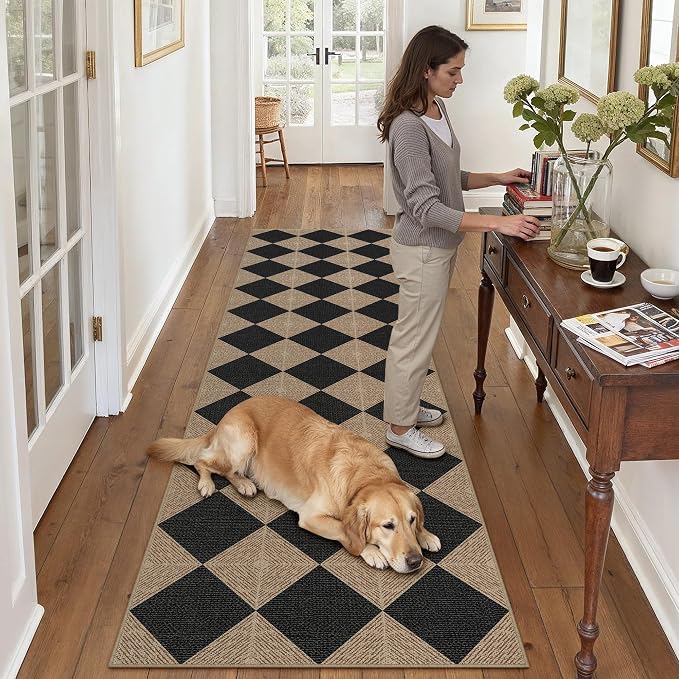 PureCozy 2x8 Checkered Easy Jute Runner Rug Non Slip Hallway Kitchen Washable Outdoor Rug for Entryway Indoor Checkerboard Black Long Indoor Outdoor Textured Diamond Carpet for Bedside Entry Porch