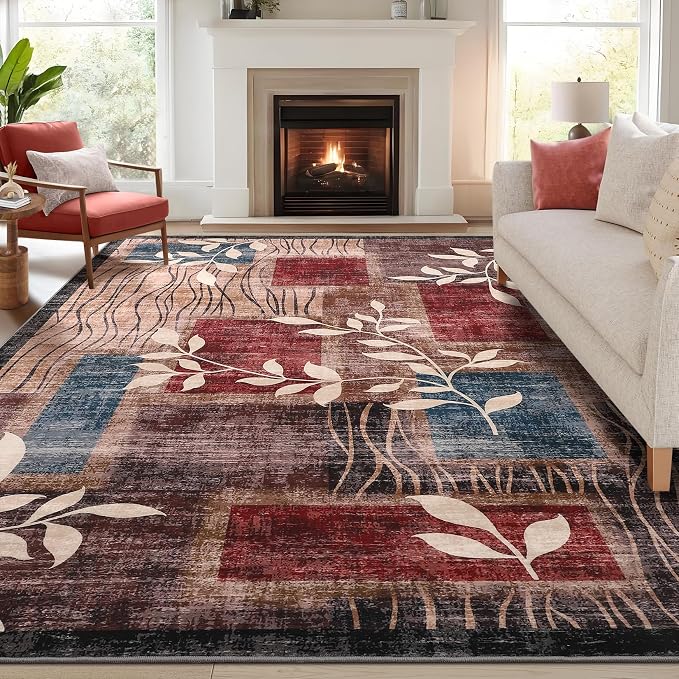 GarveeHome Area Rug 5x7 Washable Geometric Bedroom Rug, Floral Print Faux Wool Modern Checkered Rug Soft Stain Resistant Non-Slip Accent Carpet for Living Room Dining Room Office 5x7