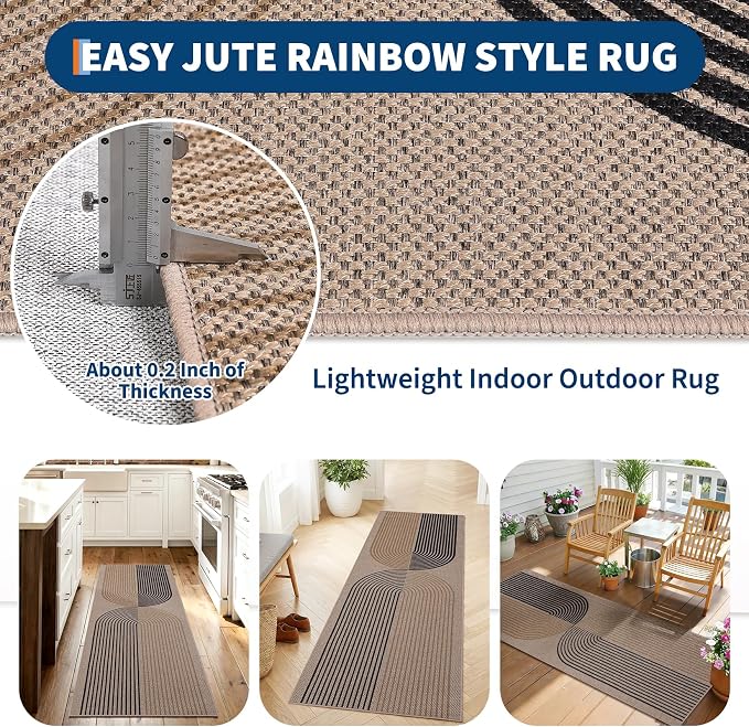 GarveeHome Easy Jute 2x8 Runner Rugs Modern Rainbow Rug for Hallway Kitchen Non Slip Indoor Outdoor Runner Door Mat for Laundry Porch