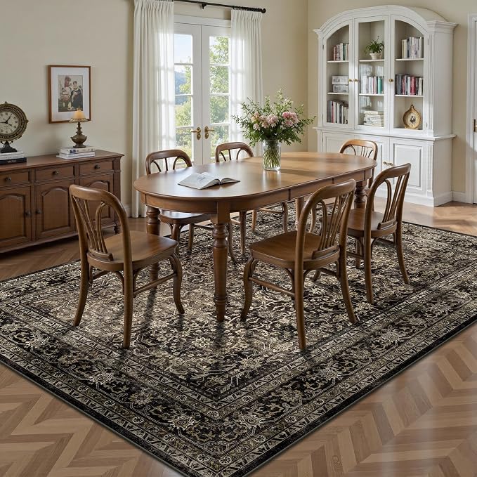 6x9 Area Rugs - Washable Vintage Retro Living Room Rug, Soft Ultra Thin Non Slip Low Pile Traditional Distressed Boho Carpet for Bedroom Dining Room Nursery Home Office, Brown