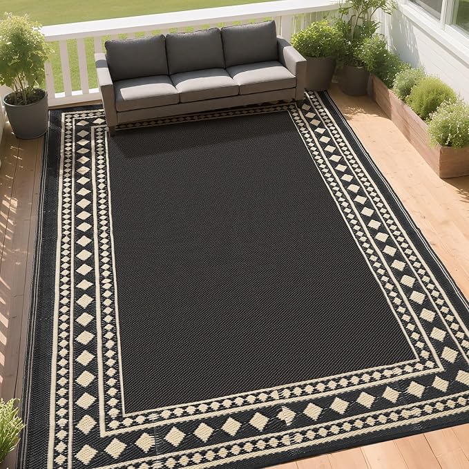 RURALITY Outdoor Rug 9x12 Waterproof for Patio Clearance,Large Plastic Straw Mat for Camping,Porch,RV,Black and Beige