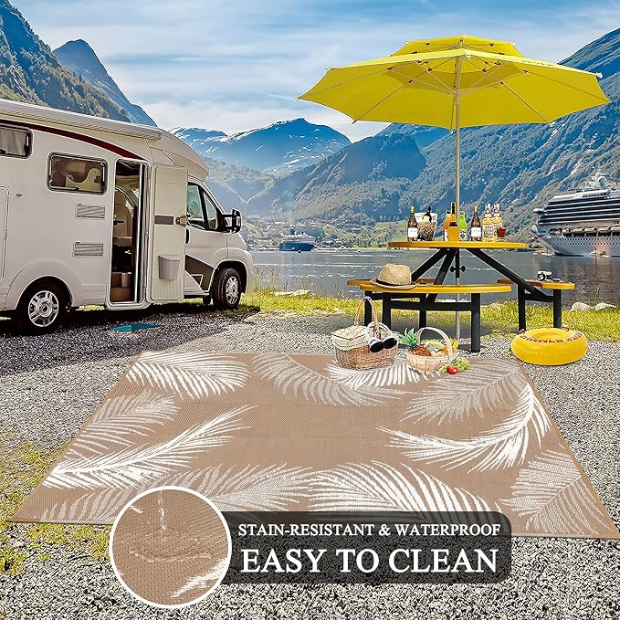 Pauwer Waterproof Outdoor Rug 5x8, Reversible Plastic Straw Patio Camping Rug, Indoor Outdoor RV Mat Carpet for Deck, Camper, Porch, Balcony, Backyard, Picnic, Leaf Brown
